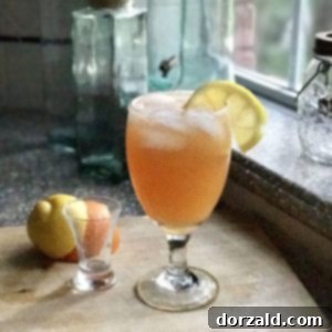 Tequila Citrus Surprise 5 Finished Tequila Citrus Surprise Cocktail garnished with a lemon wedge.