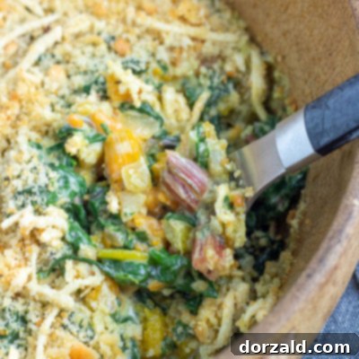 creamy dairy-free swiss chard and butternut squash casserole plated