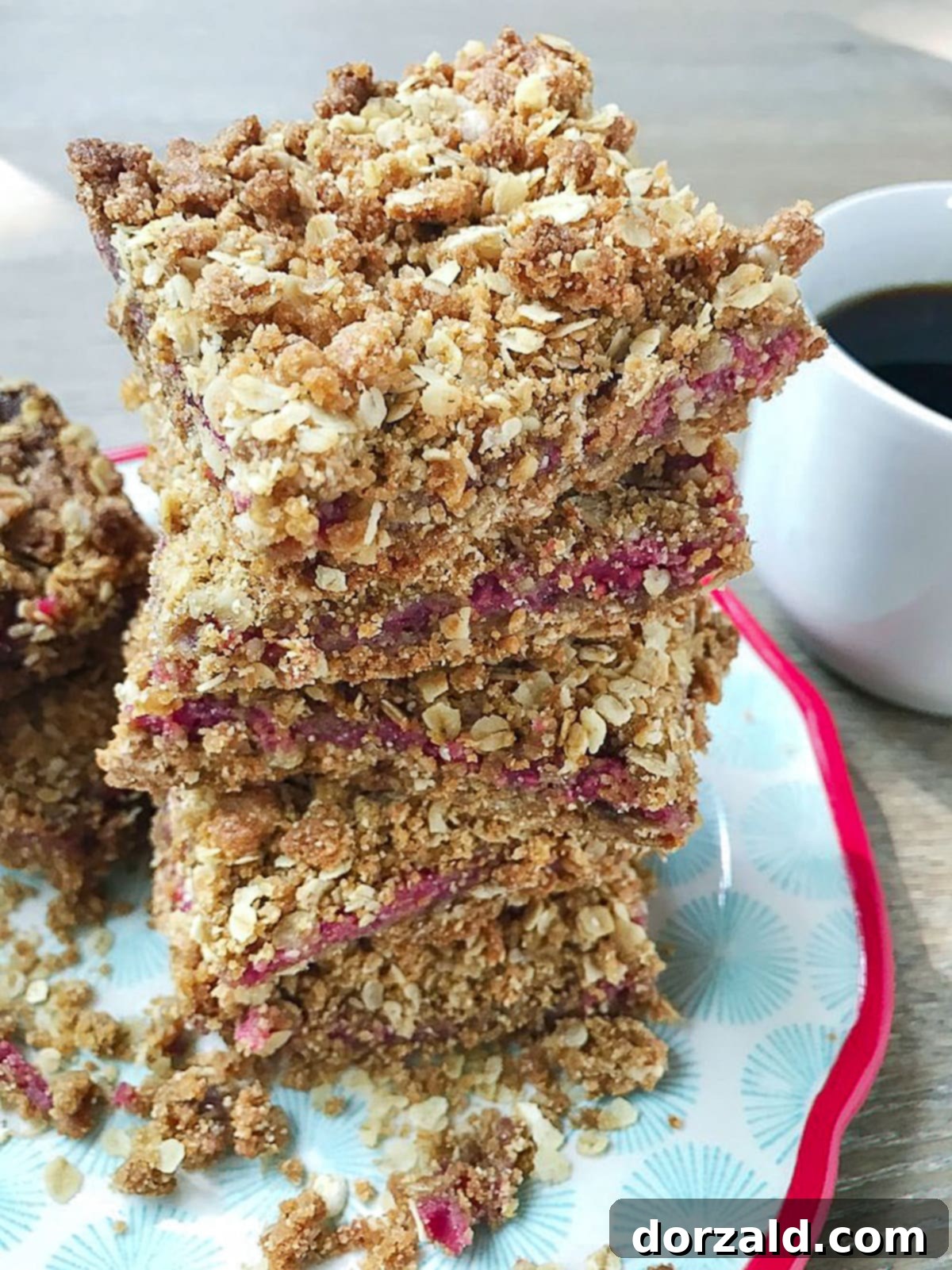 Luscious Gluten-Free Vegan Raspberry Bars 3 Close-up of a delicious gluten-free raspberry oat bar showing the crumble top, raspberry filling, and crust