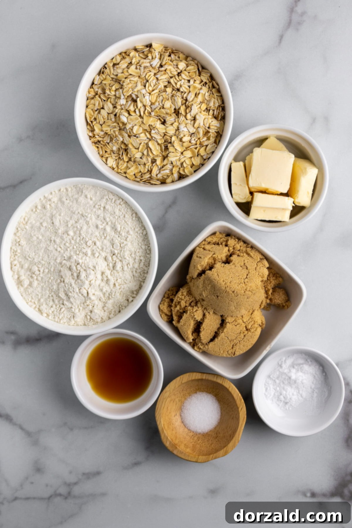 Luscious Gluten-Free Vegan Raspberry Bars 4 Ingredients for gluten-free raspberry bars: oats, flour, vegan butter, brown sugar, baking powder, extract, salt