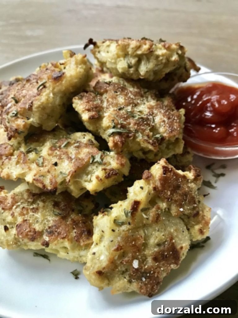A beautiful close-up of crispy, baked gluten-free cauliflower tots on a rustic wooden board, garnished with fresh herbs.