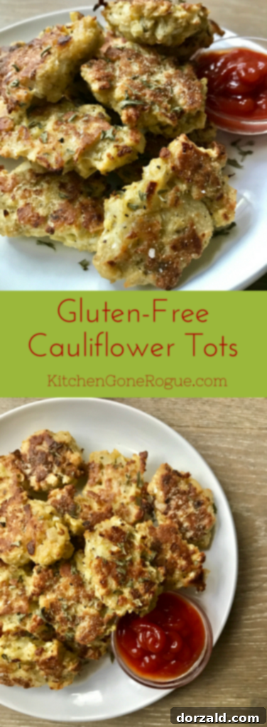 Pinterest pin for gluten-free cauliflower tots recipe, featuring a stack of golden tots with a dipping sauce.