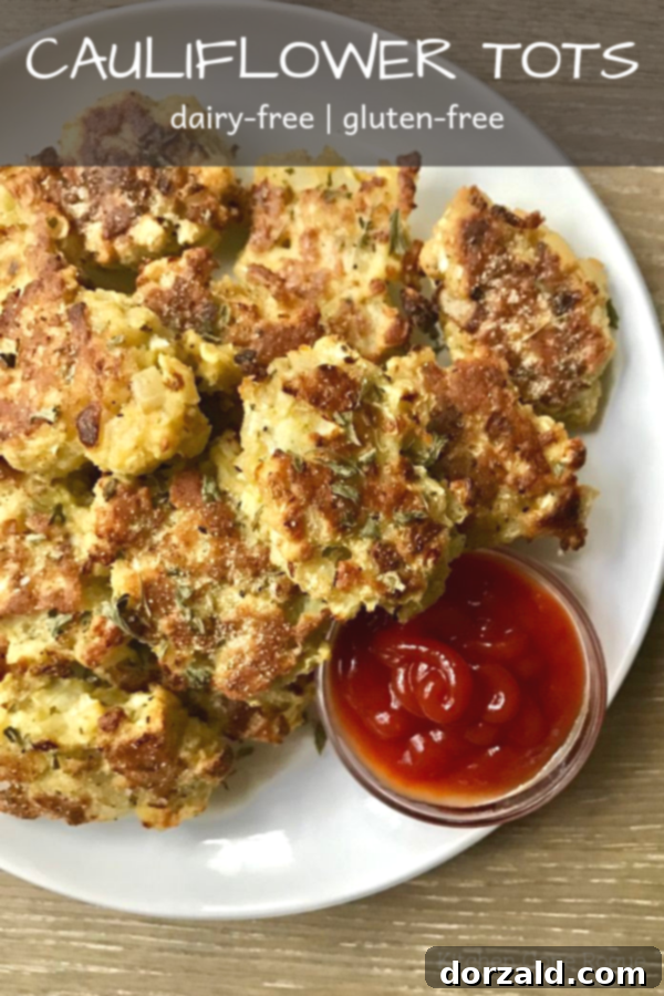 Main promotional image for gluten-free dairy-free cauliflower tots recipe on a platter