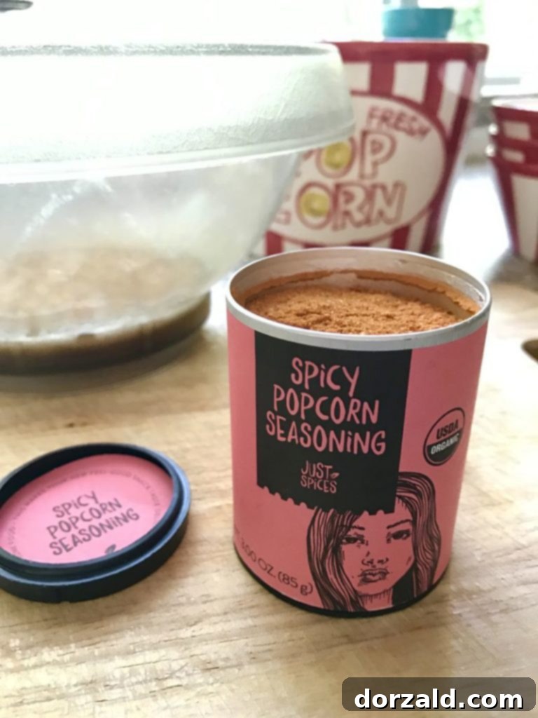 Just Spices Spicy Popcorn Seasoning on Air Popped Popcorn