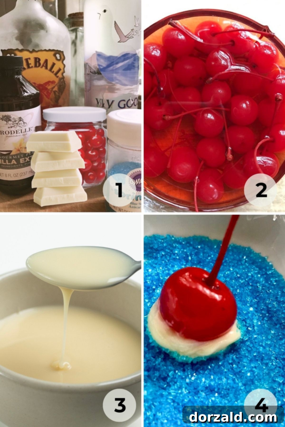 Ingredients for Boozy Cherry Bombs laid out on a wooden surface.