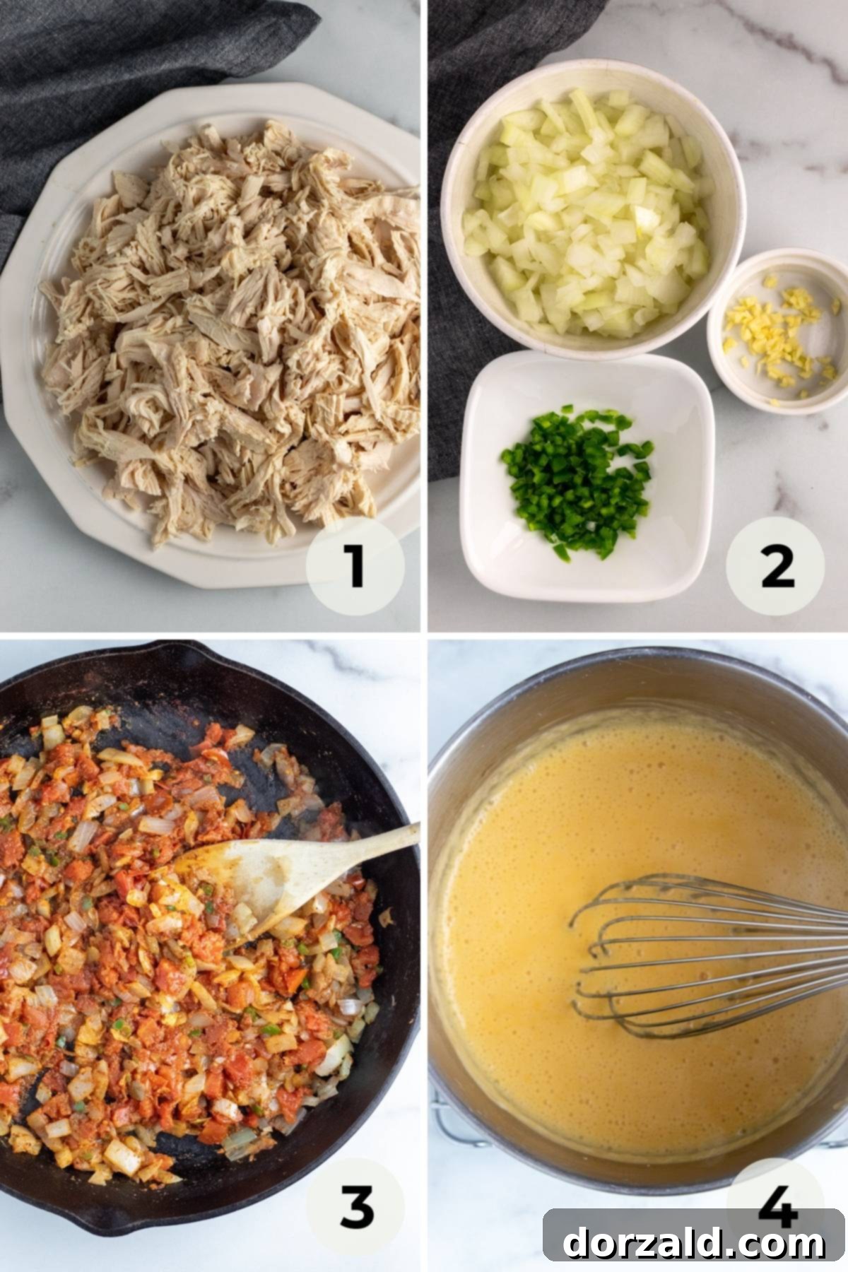 Dairy-Free King Ranch Chicken Casserole 5 Shredded chicken in a skillet with sauteed vegetables and Ro-Tel tomatoes