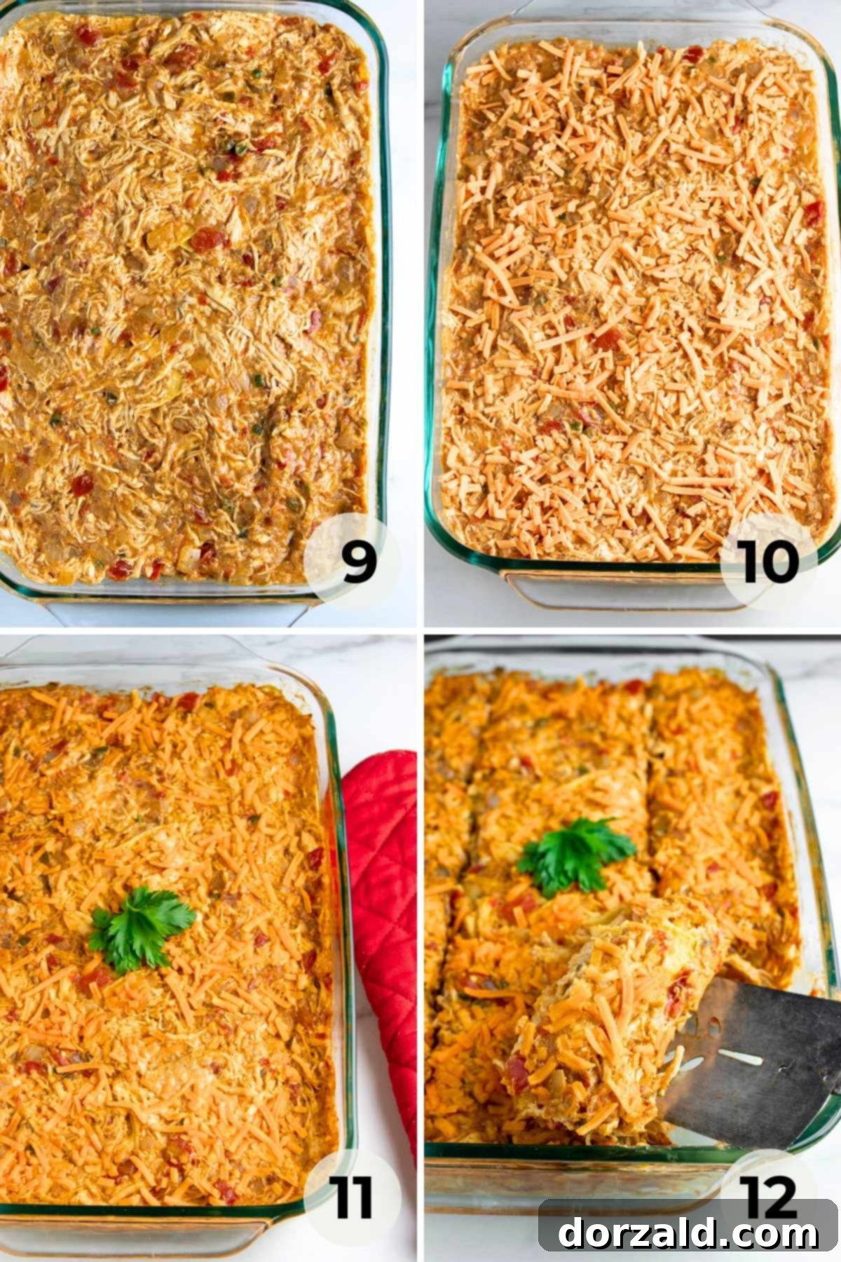 Dairy-Free King Ranch Chicken Casserole 7 Casserole dish layered with tortillas, chicken mixture, and topped with dairy-free cheese