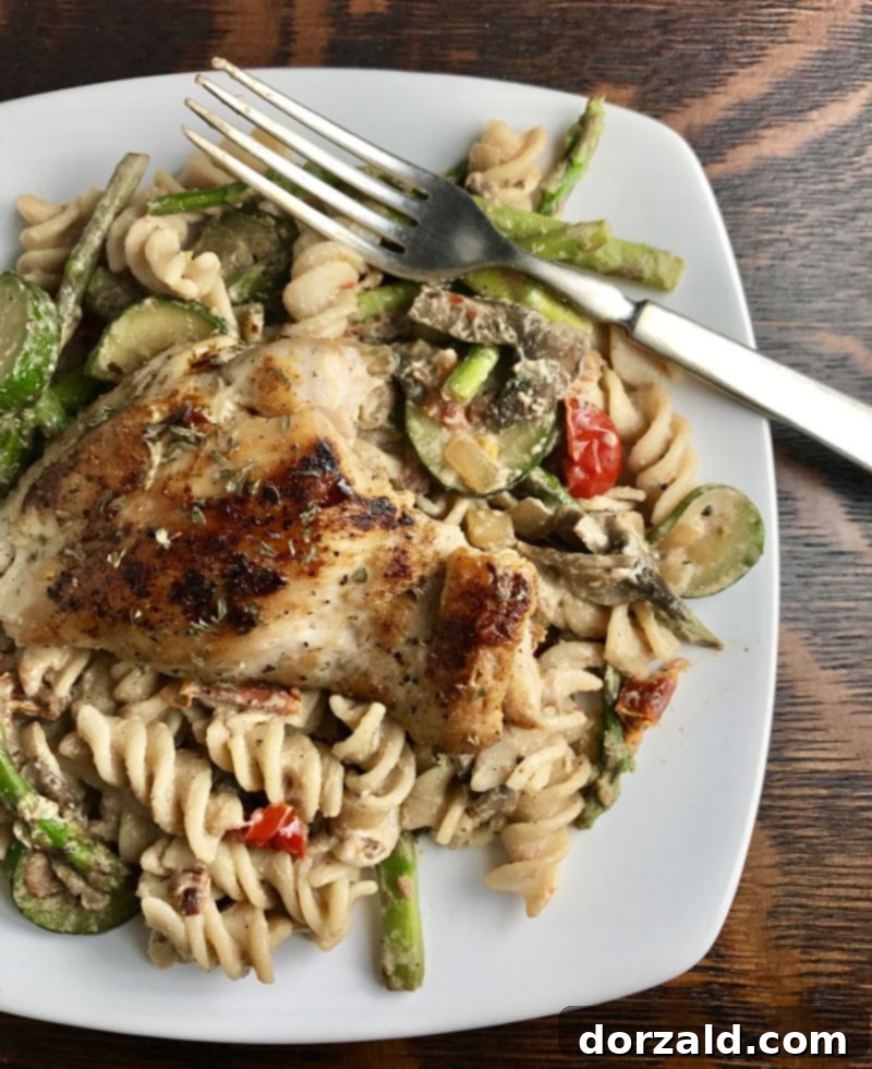 Creamy Goat Cheese Veggie Chicken Pasta, close-up shot
