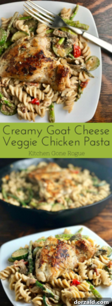 Creamy Goat Cheese Veggie Chicken Pasta with Kitchen Gone Rogue branding