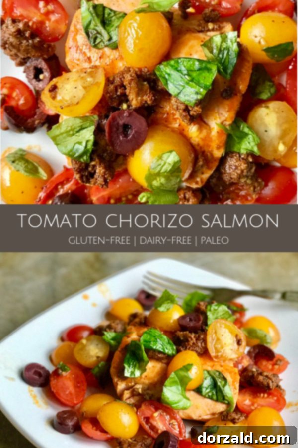 Tomato Chorizo Salmon recipe graphic for Pinterest, labeled Paleo, Gluten-Free, Dairy-Free, from Kitchen Gone Rogue