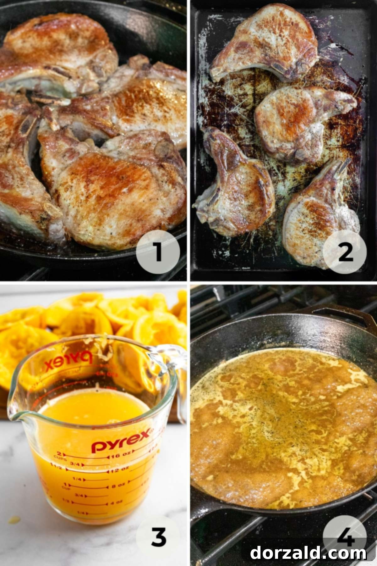 Chef searing thick pork chops in a hot cast iron skillet.