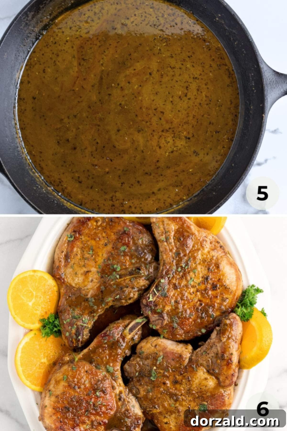 Ingredients for mojo sauce simmering in a skillet, including orange juice and spices.