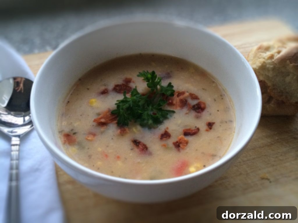 Rustic bowl of hearty potato corn chowder with fresh herbs