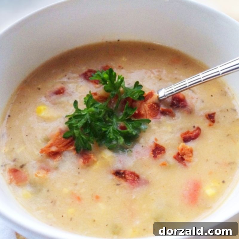 Dairy-Free Potato Corn Chowder Soup in a white bowl