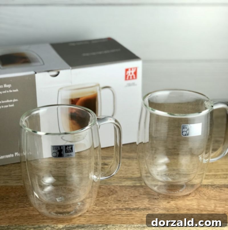 a set of double-walled glass mugs with dairy-free baileys and coffee