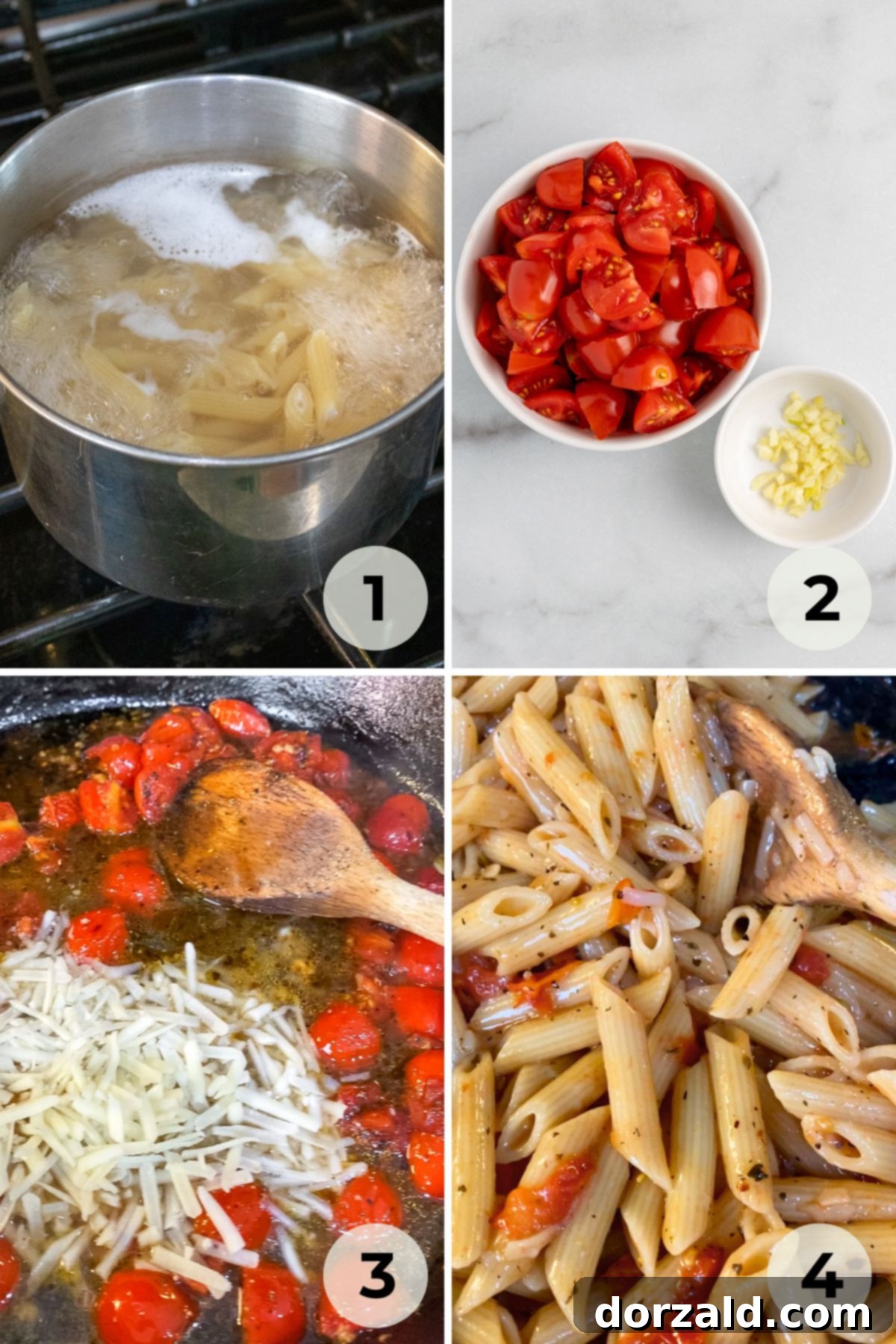 Step-by-step image showing cherry tomatoes and garlic sautéing in a skillet.
