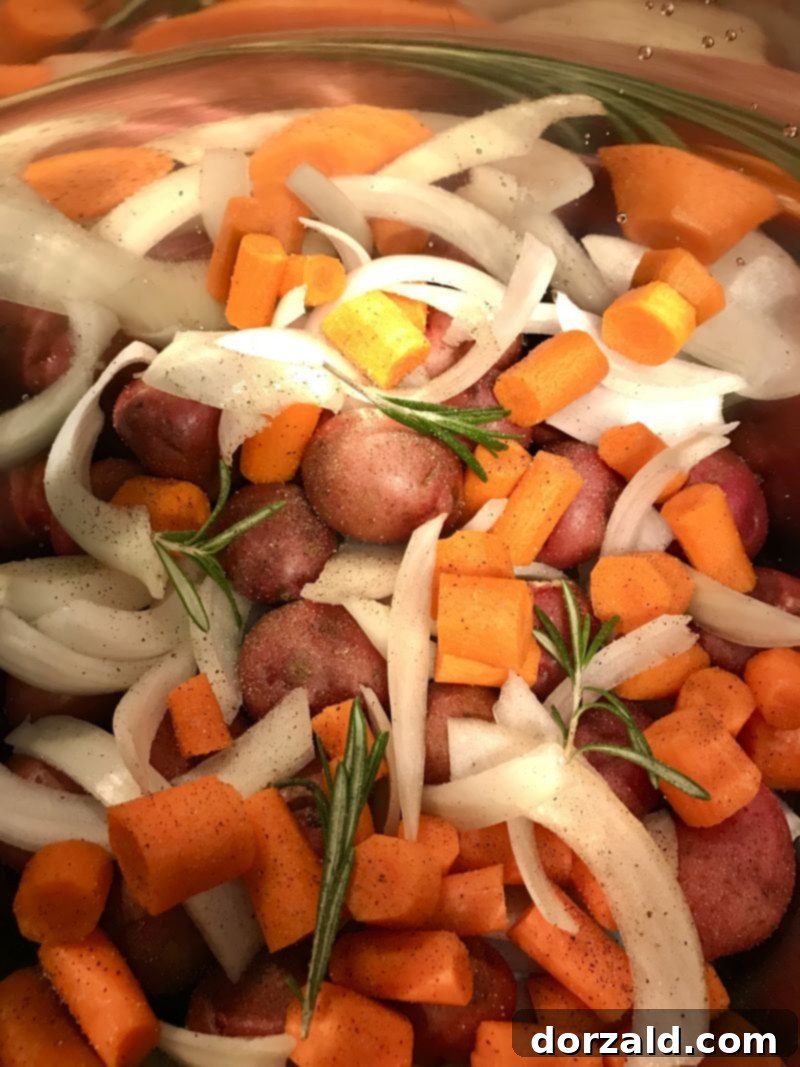 Instant Pot with easy rosemary chicken and vegetables inside