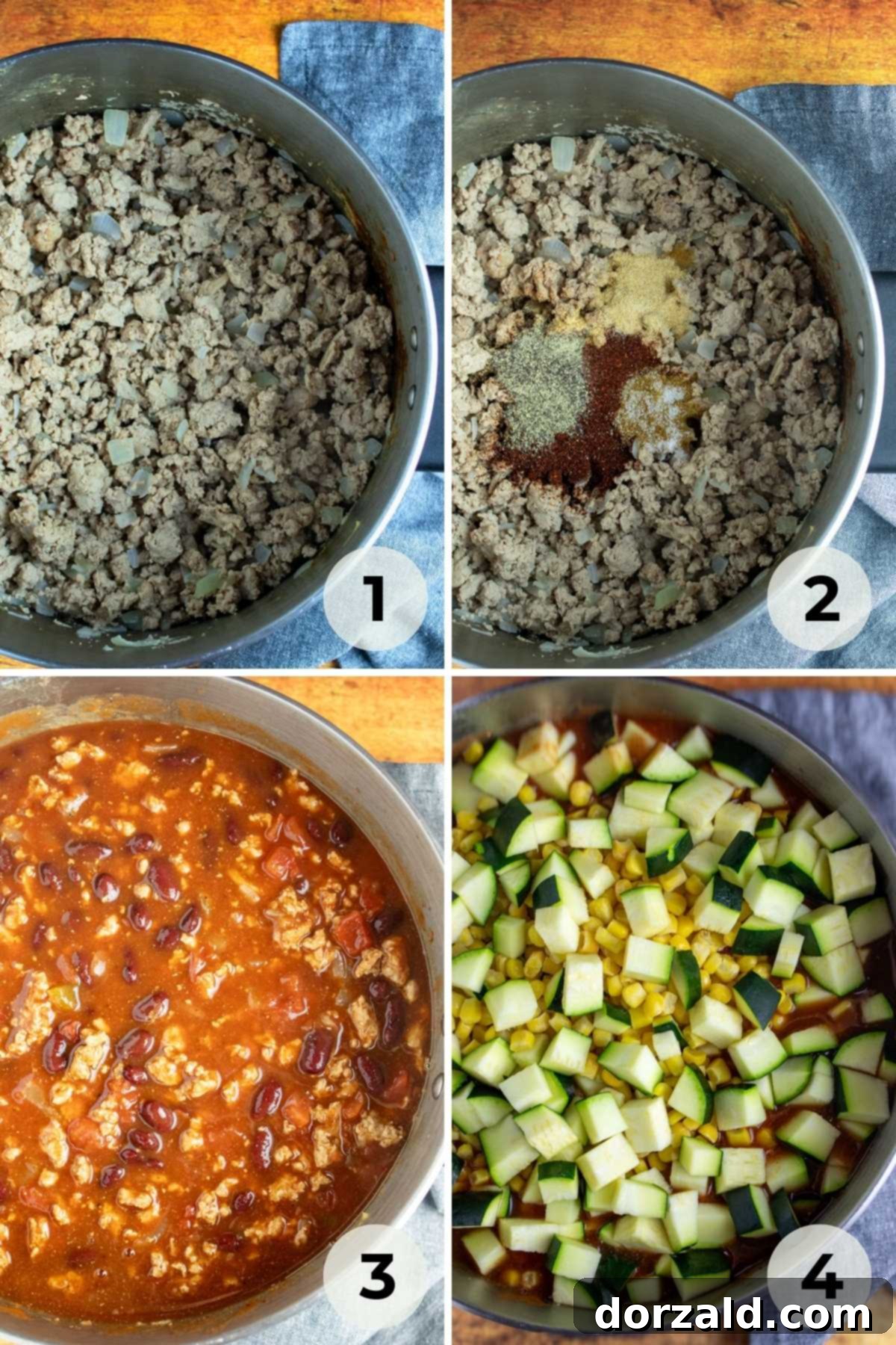Step-by-step images showing the process of making vegetable turkey chili in a large pot.