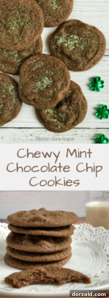 A tantalizing stack of chewy mint chocolate chip cookies, ready to be enjoyed.