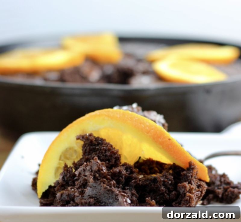 Sun-Kissed Mocha Decadence 3 Warm slice of Orange Mocha Chocolate Cake fresh out of the cast iron skillet