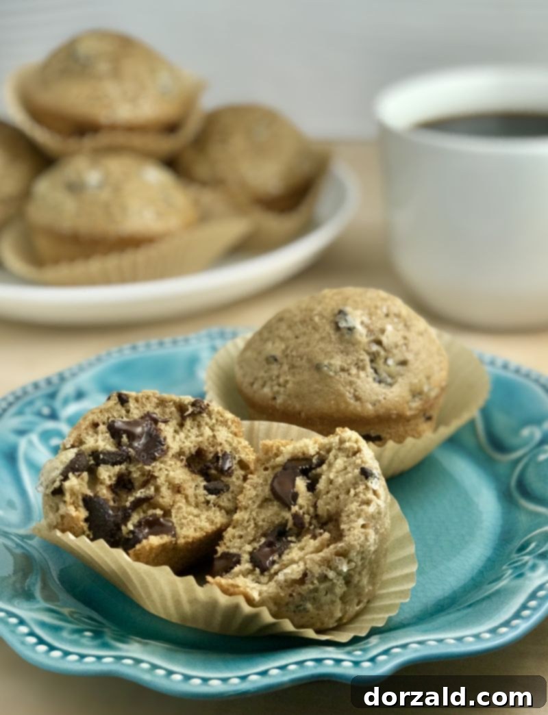 Mocha Chocolate Chip Muffins 4 Stack of chocolate chip mocha muffins with dairy-free chocolate chips