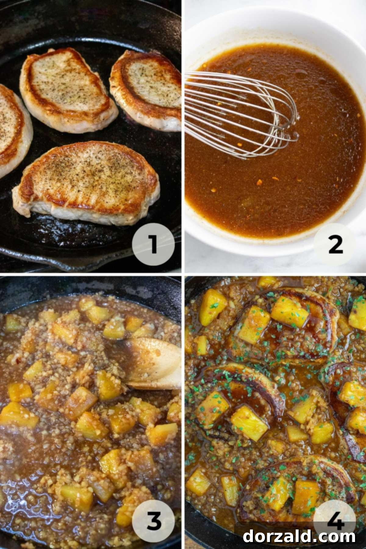 Pork chops, pineapple, and riced cauliflower simmering in brown sugar sauce in a skillet