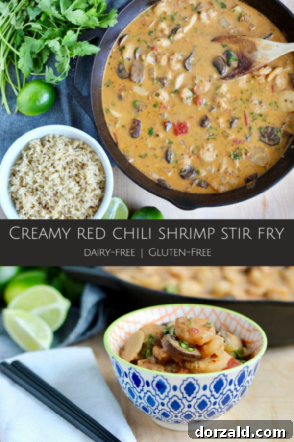 Succulent Creamy Red Chili Shrimp Stir Fry 5 Overhead shot of Creamy Red Chili Shrimp Stir Fry in a serving bowl, garnished with cilantro and lime wedges