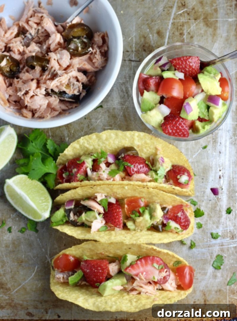 Salmon Tacos with Candied Jalapeno and Strawberry Avocado Salsa 4 candied jalapeno salmon tacos
