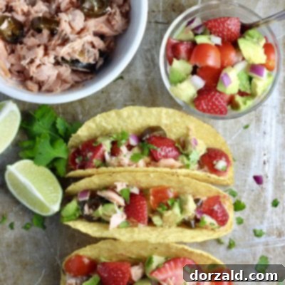 Sweet Heat Salmon Tacos with Strawberry Avocado Salsa 8 candied jalapeno salmon tacos with fresh salsa