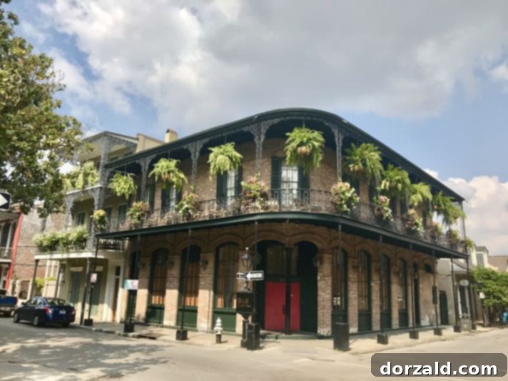 Detailed architectural beauty and intricate ironwork characteristic of New Orleans buildings