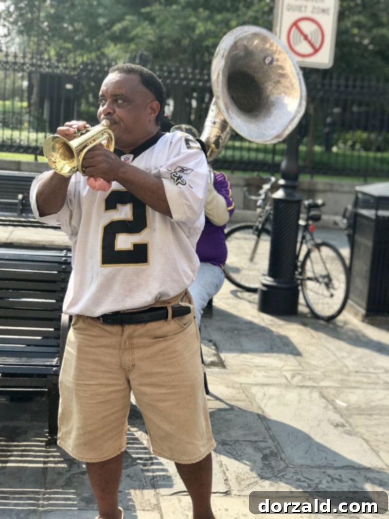 Energetic live street music in Jackson Square New Orleans, capturing the city's lively ambiance