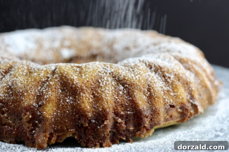 Beautiful dairy-free bundt cake banana bread dusted with powdered sugar