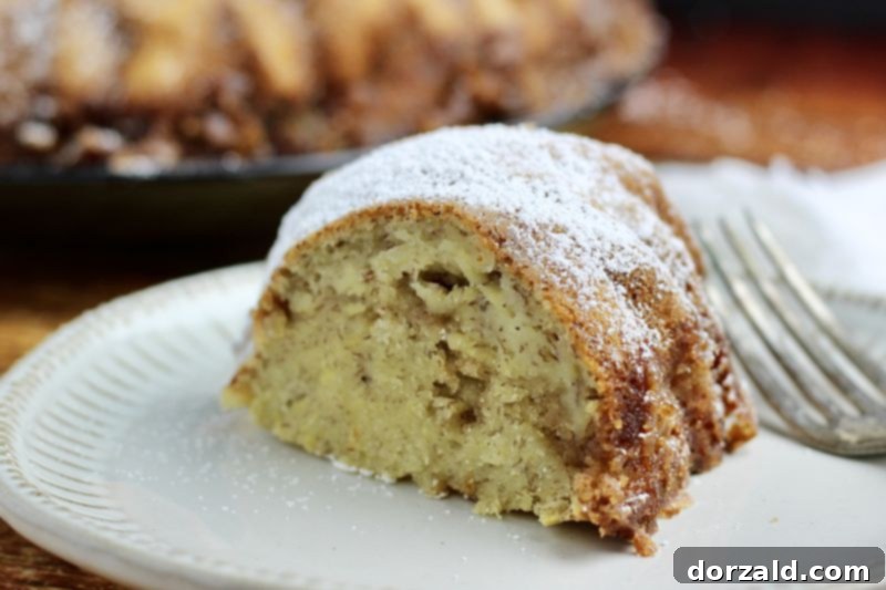 Close-up of dairy-free bundt cake banana bread showing the texture and golden crust