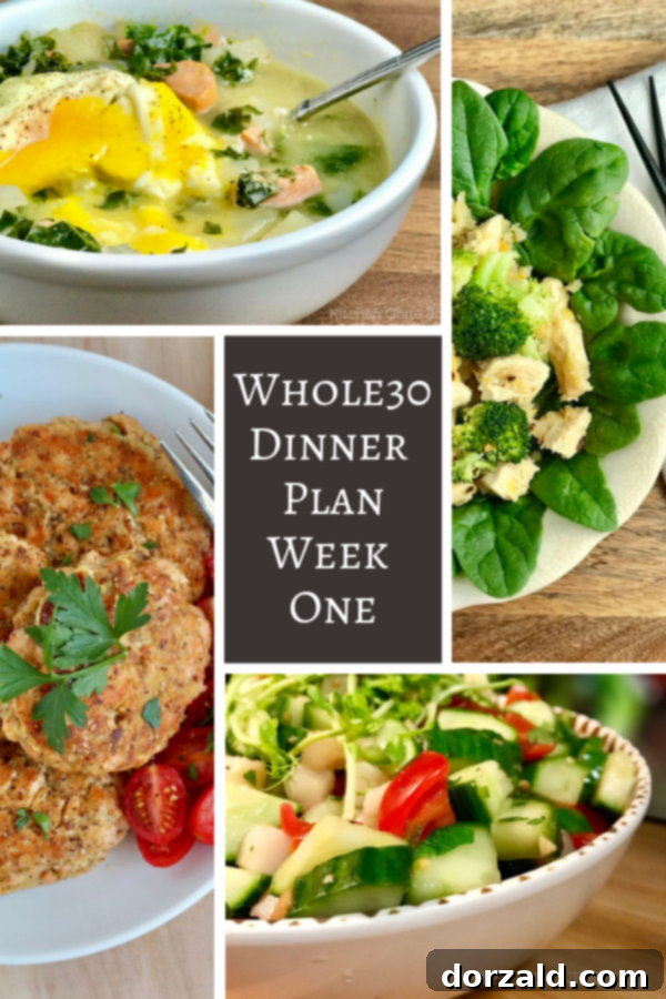 Whole30 Dinner Plan Week One Overview with various compliant meals