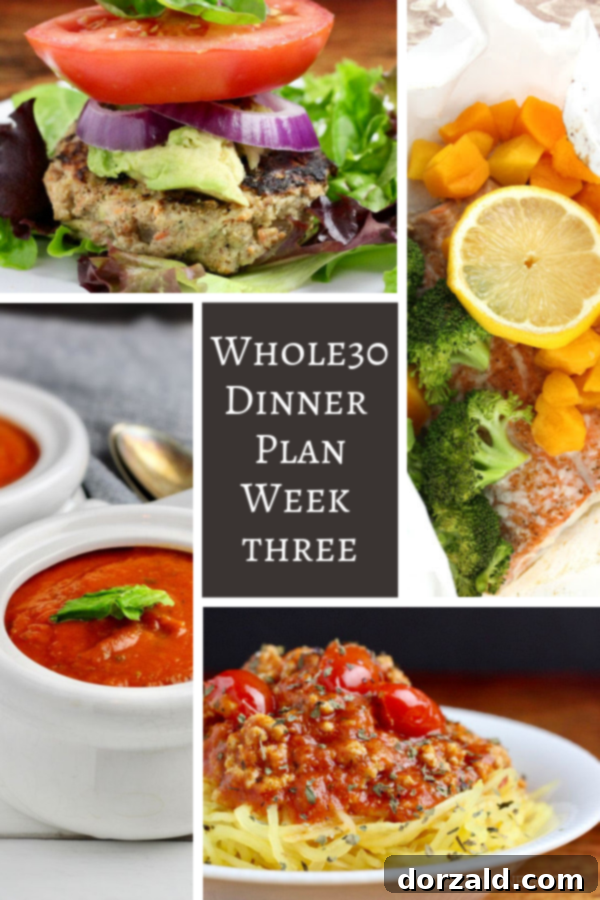 Whole30 Week 3 Dinner Plan featuring a variety of compliant meals and fresh ingredients