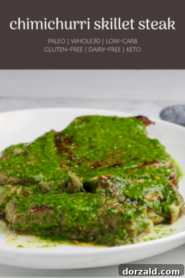 Paleo and Whole30 Chimichurri sauce generously drizzled over a perfectly seared skillet steak