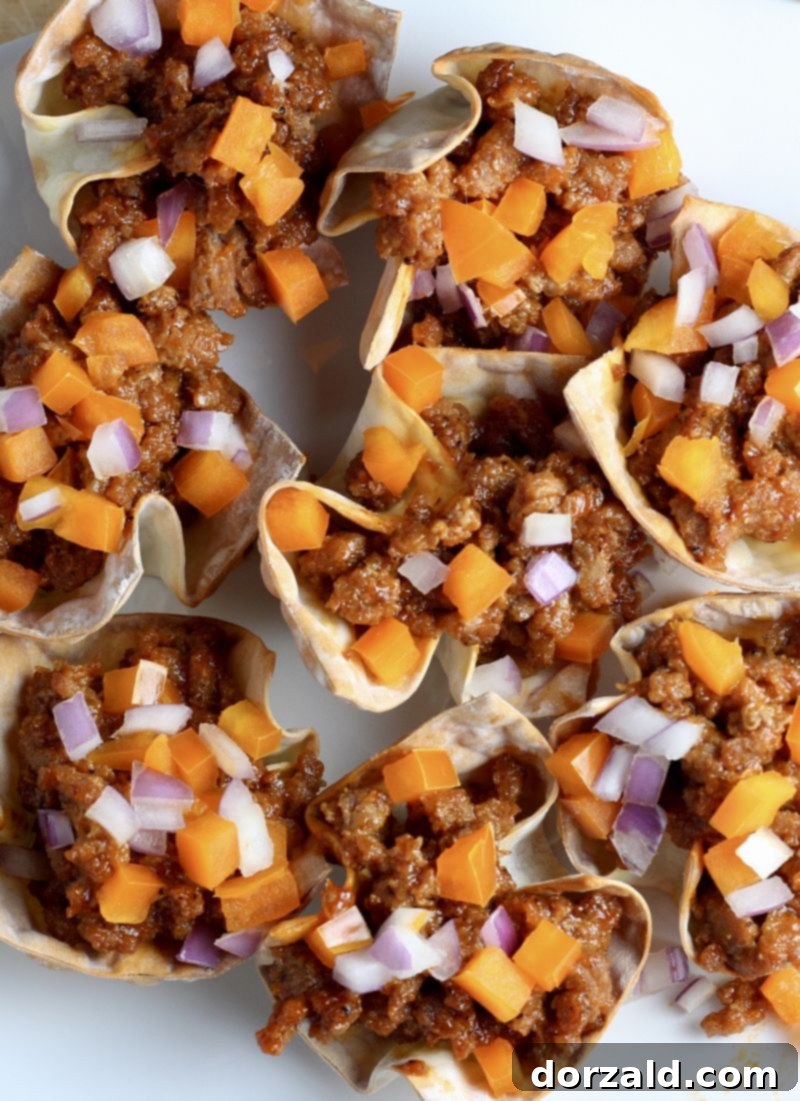 Sloppy Joe Wonton Bites 4 sloppy joes in wonton wrapper cups topped with diced red onion and orange bell pepper