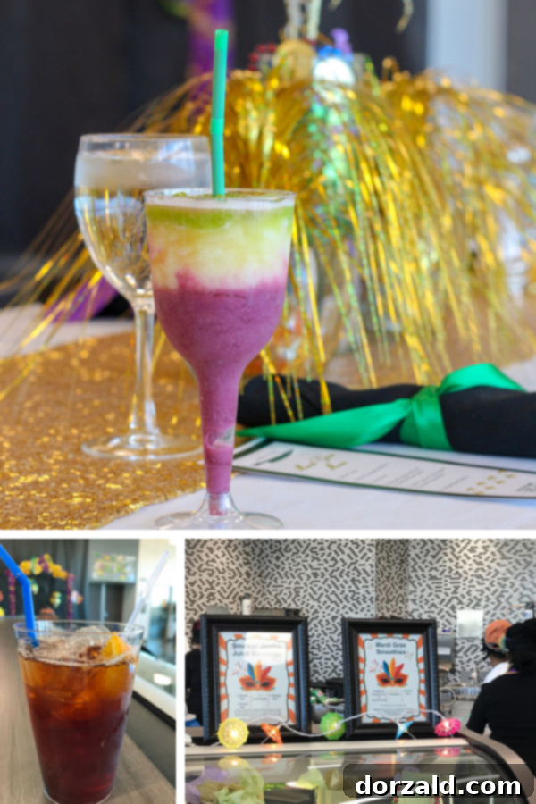 Mardi Gras-themed beverage station with decorative elements
