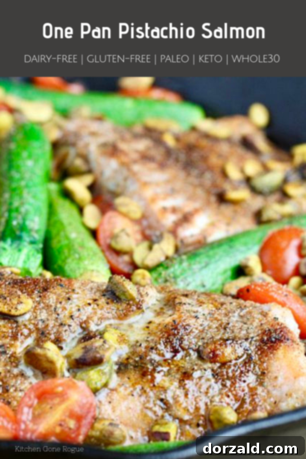 Pin-worthy image of One Pan Pistachio Salmon, highlighting its ease, nutrition, and dietary compliance.