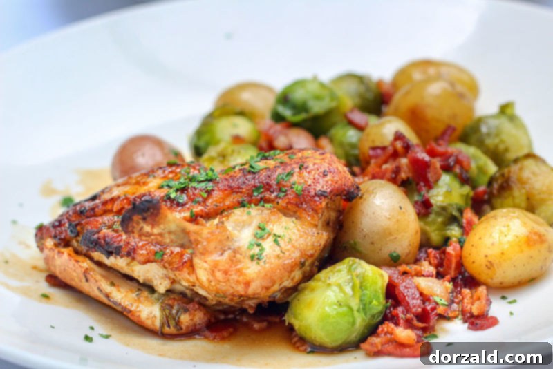 Saint Ann Dallas Brick Chicken with Pancetta, Brussels Sprouts, and Baby Potatoes