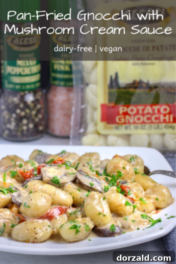 pan-fried gnocchi with mushroom cream sauce (vegan) pin