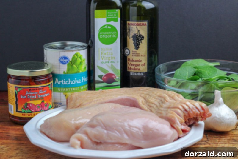 Ingredients for Bacon Wrapped Veggie Stuffed Chicken: chicken, bacon, sundried tomatoes, artichokes, olive oil, balsamic vinegar, spinach, garlic