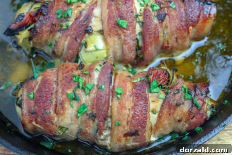 Bacon Wrapped Veggie Stuffed Chicken freshly baked and crispy