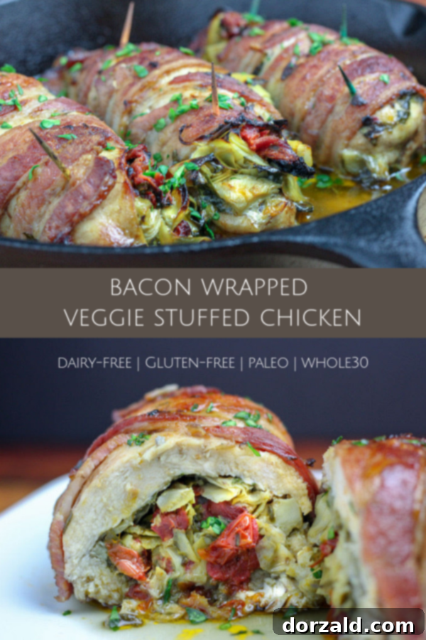 Pinterest Graphic for Bacon Wrapped Veggie Stuffed Chicken