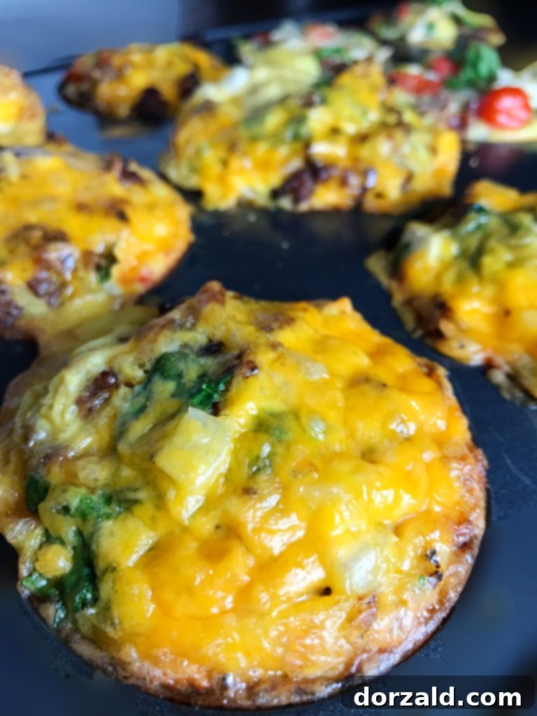 Hearty Grab and Go Egg Veggie Muffins 4 Dairy-free egg and vegetable breakfast muffin with bacon in a close-up