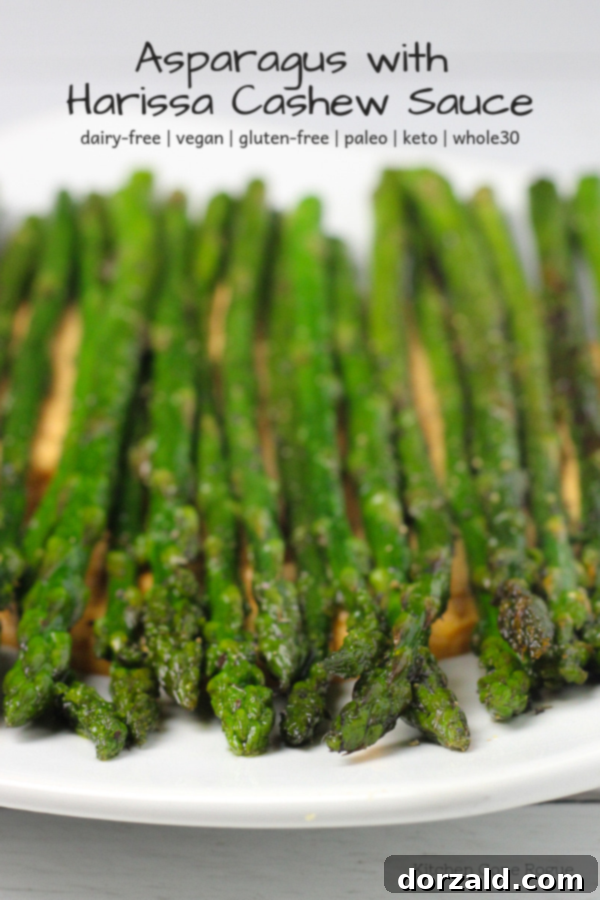 Roasted Asparagus with Spicy Harissa Cashew Sauce 7 asparagus with harissa cashew sauce recipe card, plant-based recipe