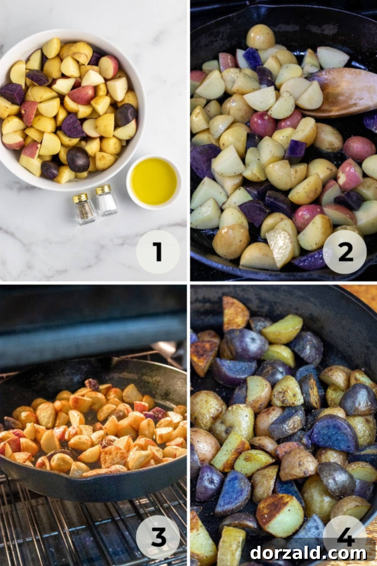 Baby potatoes being pan-fried in a cast iron skillet, a crucial step before oven roasting for ultimate crispiness.