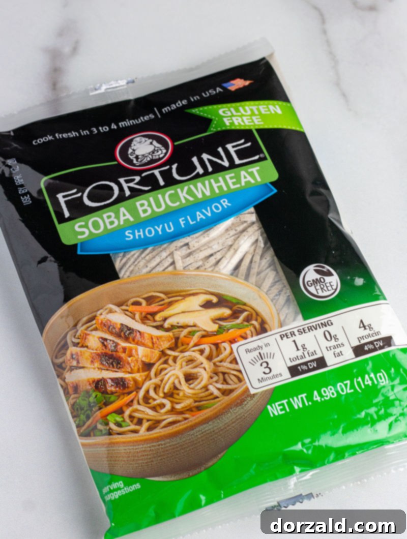 Crispy Egg Roll Soba Bowl 5 Fortune brand gluten-free soba buckwheat noodles packaging, showcasing the key ingredient.