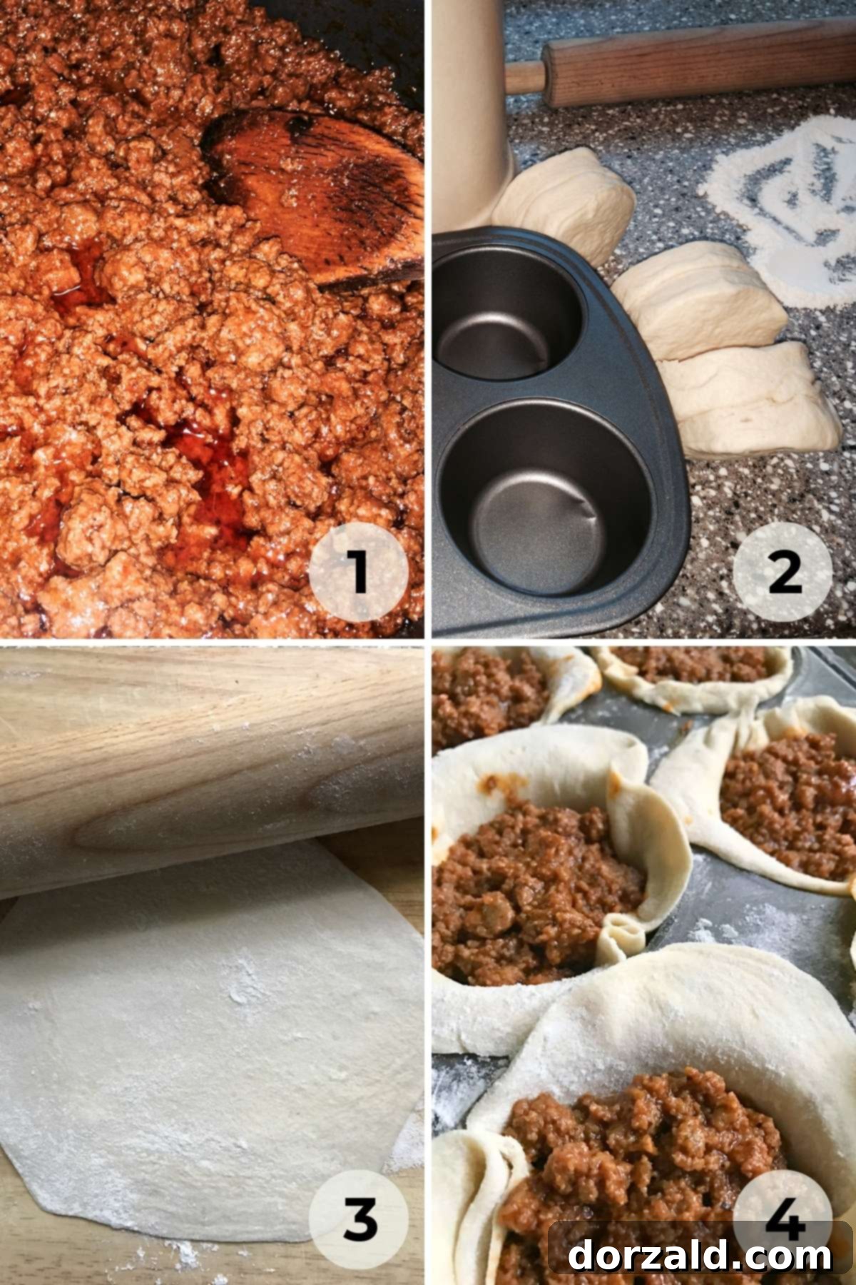 Sloppy Joe Biscuit Pockets 4 Ingredients for sloppy joe biscuit cups on a cutting board