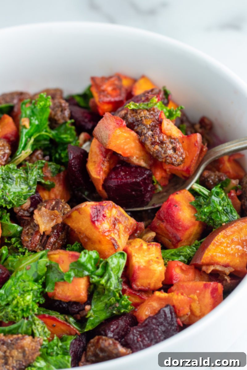 Candied Pecan Kale Salad with Sweet Potato and Beets 6 Ingredients for Sweet Potato Beet Kale Salad with Candied Pecans laid out on a white surface